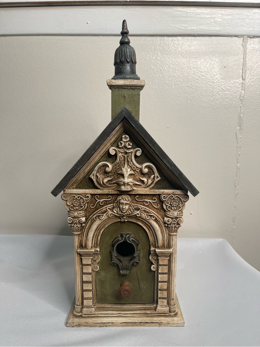 Ornate Decorative Birdhouse in Olive Green and Antique Cream